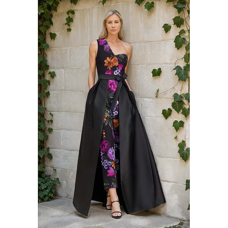 Jumpsuit / Pantsuit Mother of the Bride  Floral Print Elegant Simple Minimalist One Shoulder Floor Length Satin Sleeveless with Sash / Ribbon Wedding Guest Dress