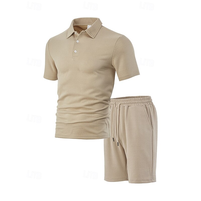 Men's Jacquard Tracksuit Polo Shirt & Shorts Set Outfit Set Lapel Outdoor Daily Sports Pocket Drawstring 2 Piece Plain Black White Navy Blue Polyester Activewear Classic Casual Summer2