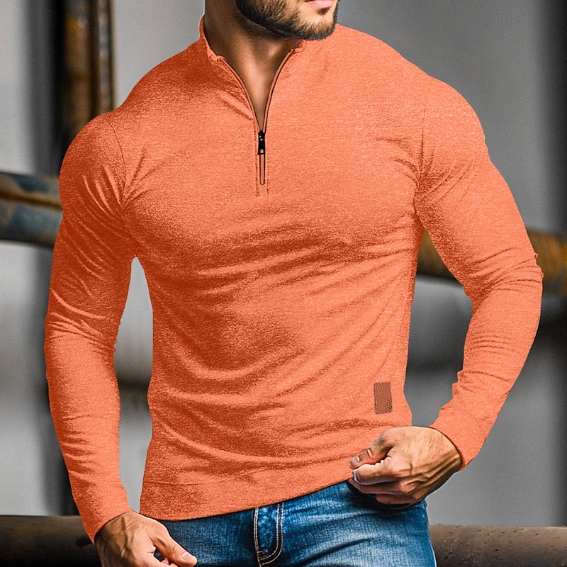 Men's Polo Shirts Quarter Zip Polo Sports & Outdoor Casual Daily Standing Collar Quarter Zip Long Sleeve Fashion Basic Solid Color Pocket Spring &  Fall Regular Fit Black Navy Blue Ocean Blue Orange