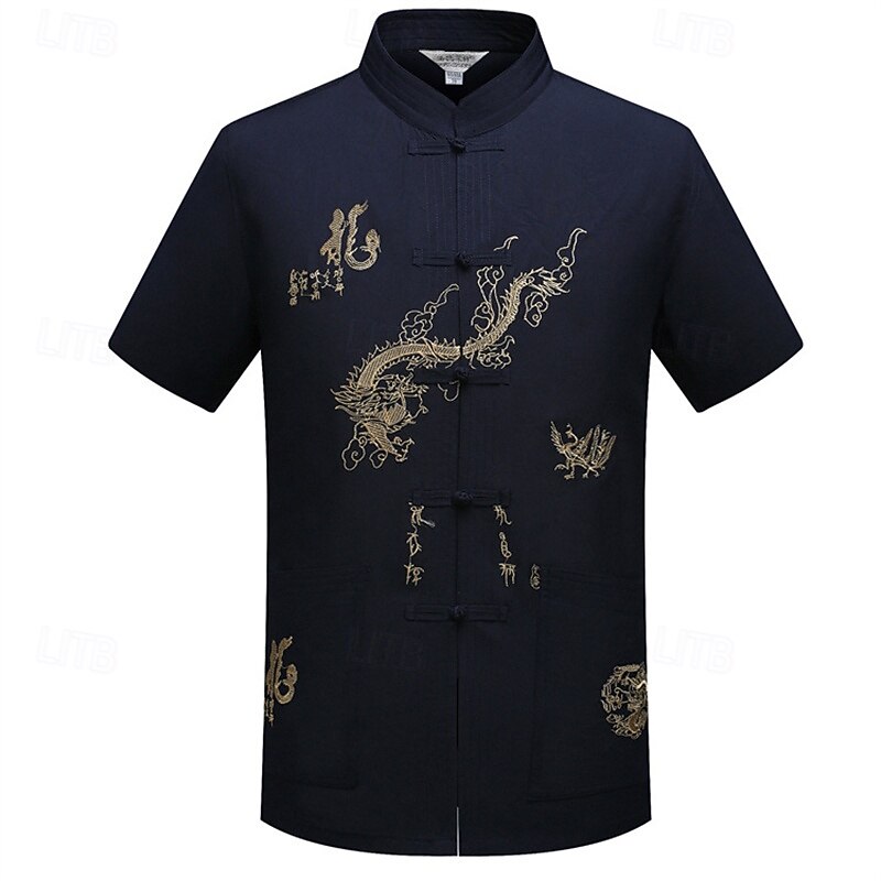 Men's Shirt Summer Shirt Casual Shirt Beach Shirt Button Up Shirt Light Yellow White Red Navy Blue Gray Short Sleeve Dragon Collar Vacation Hawaiian Embroidery Clothing Apparel Polyester Fashion3
