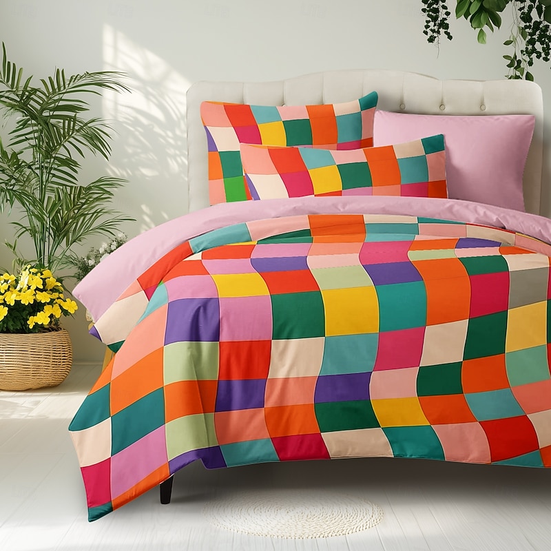 L.T.Home 100% Cotton Sateen Duvet Cover Set Reversible Premium 300 Thread Count Geometric Elite Bedding Set