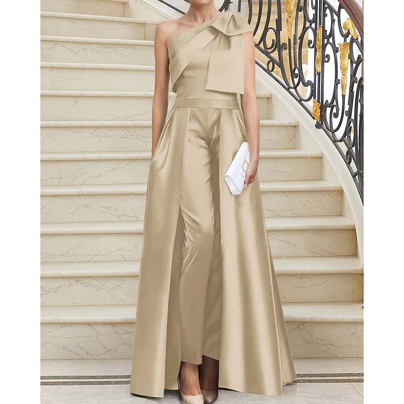 Jumpsuits Evening Gown Elegant Dress WIth Detachable Skirt Wedding Guest Dress Floor Length Sleeveless One Shoulder Satin with Bow(s)4