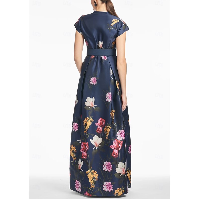 A-Line Mother of the Bride Evening Gown High Split Dress Formal Wedding Guest Floor Length Short Sleeve V Neck Pocket Satin with Floral Print Slit Pocket Race Day Dress Wedding Guest Dress2