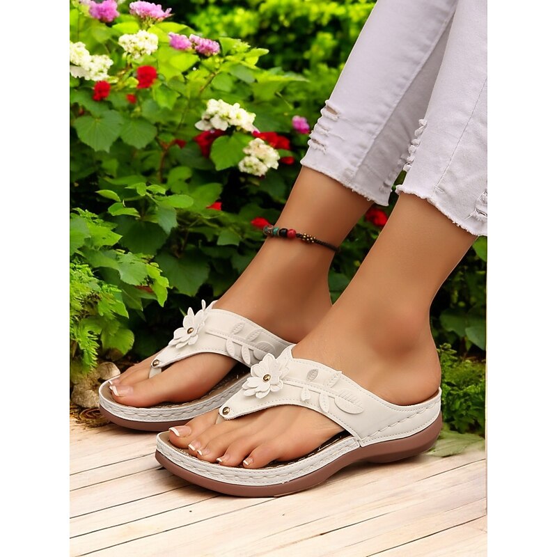 Women's Yellow Floral Embossed Wedge Flip Flop Sandals – Comfortable Slip-On Thong Sandals for Casual Summer & Beach Wea3