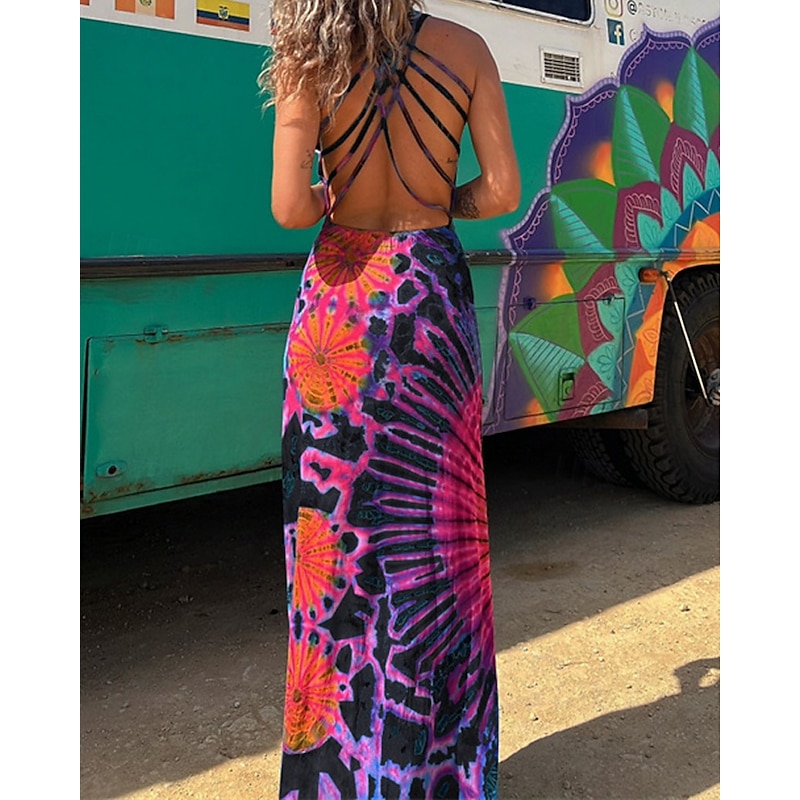 Women's Long Dress Maxi Dress Casual Dress Summer Dress Fashion Outdoor Party Holiday Regular Fit Geometric Sleeveless Straps Black Red Blue Summer Spring4