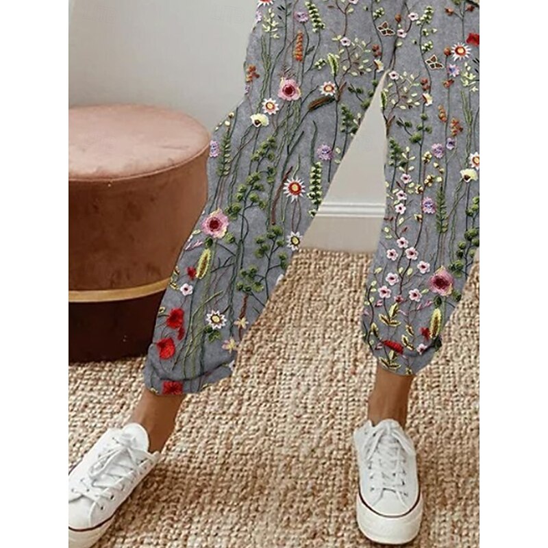 Women's Cotton Linen Pants Baggy Pants Linen Like Elegant Vintage Fashion Full Length High Waist Floral Printing Breathable Soft Micro-elastic Outdoor Daily Linen Like Light Gray Regular Fit3