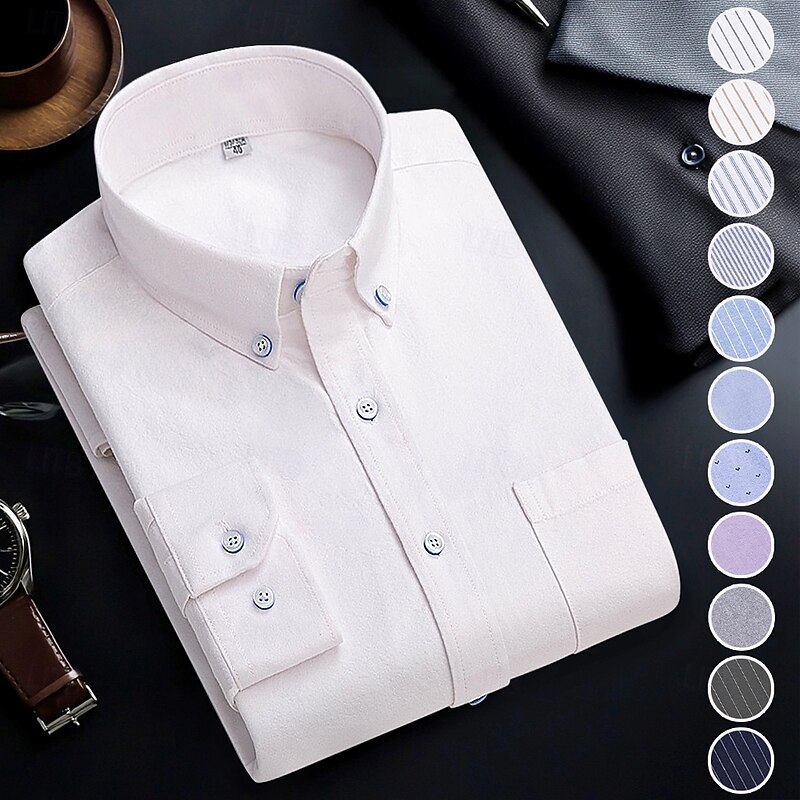 Men's Dress Shirt Button Down Shirt Oxford Shirt Non Iron Shirt Striped Shirt Plaid / Striped / Chevron / Round Wedding Office & Career Light Blue White Navy Blue Royal Blue Long Sleeve Shirt Collar