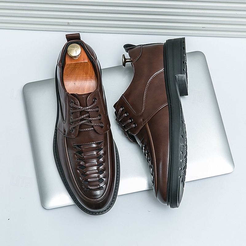 Men's Dark Brown Derby Shoes - Faux Leather with Toe-Cap Weaving Design, Stylish and Versatile Footwear for Men, Perfect for Casual, Office and Everyday Wear3