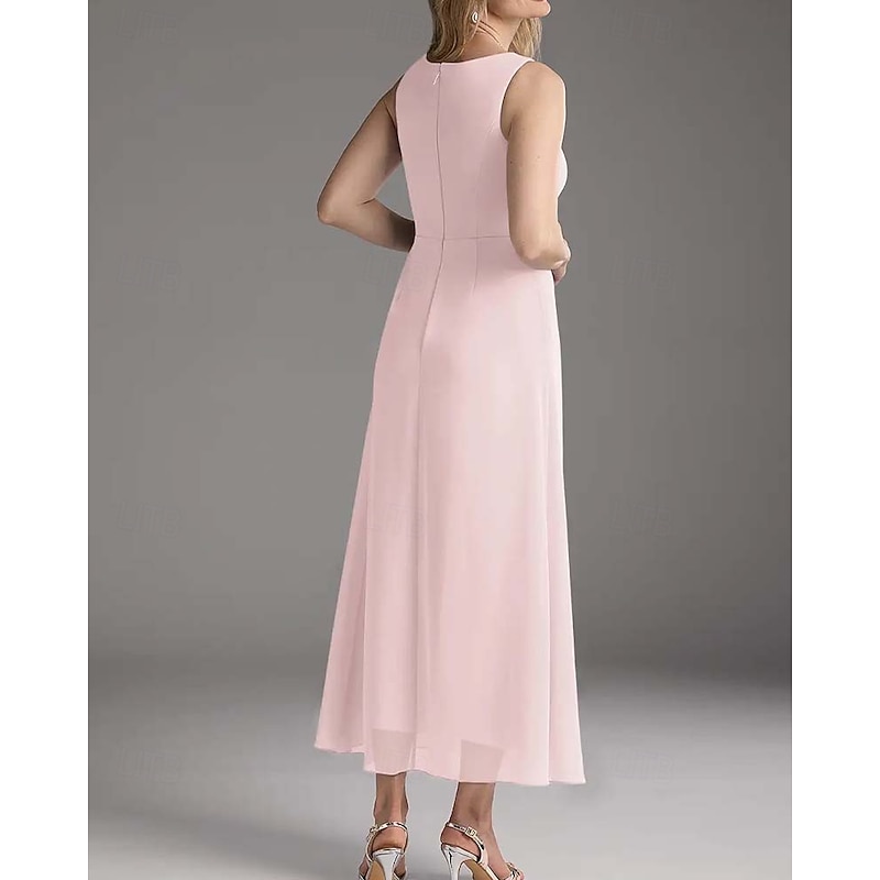 Jumpsuit Mother of the Bride  Wedding Guest Elegant Simple Minimalist Jewel Neck Ankle Length Polyester Sleeveless with Pleats Ruching Solid Color3