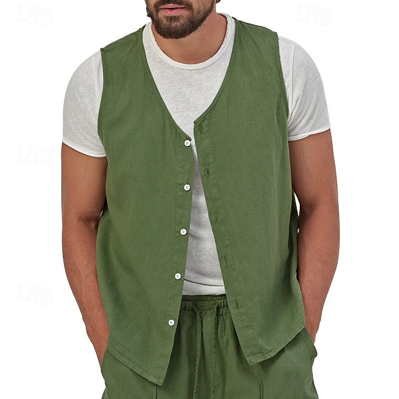 Men's Vest Gilet Linen Vest Vacation Daily Date Fashion Casual Summer Spring Buttons Pocket Linen Comfortable Plain Single Breasted One-button V Neck Regular Fit Black Yellow Light Green Navy Blue2