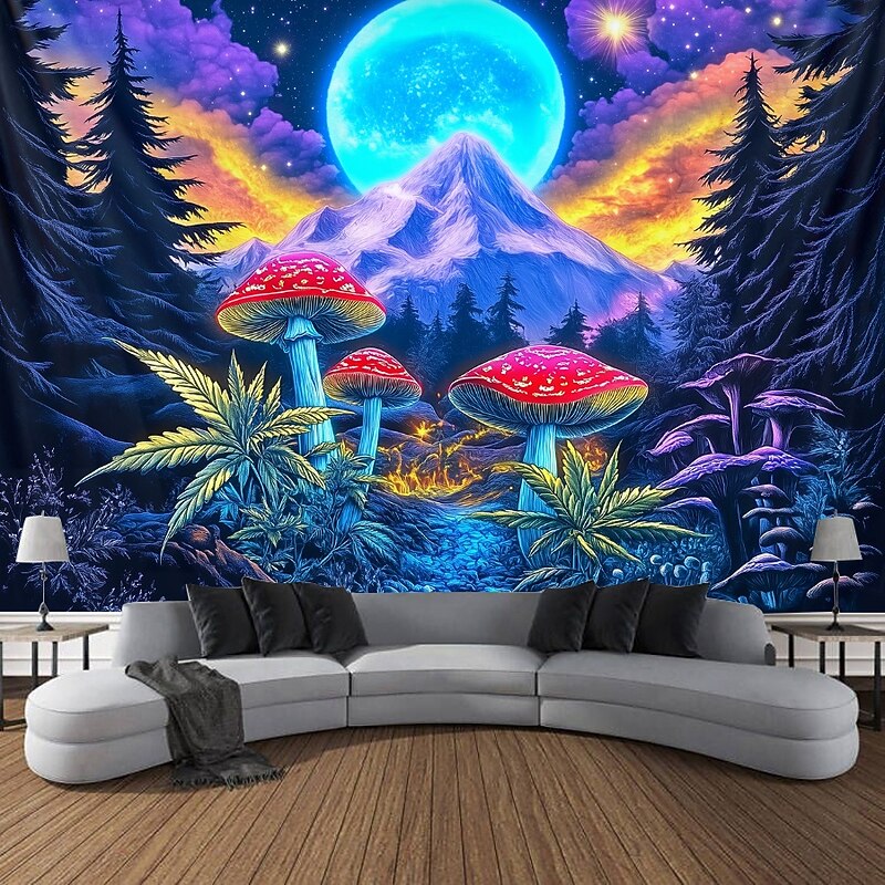 Blacklight Tapestry Glow in the Dark Glow Party UV Reactive Trippy Misty Mushrooms Mountain Nature Landscape Hanging Tapestry Wall Art Mural for Living Room Bedroom3
