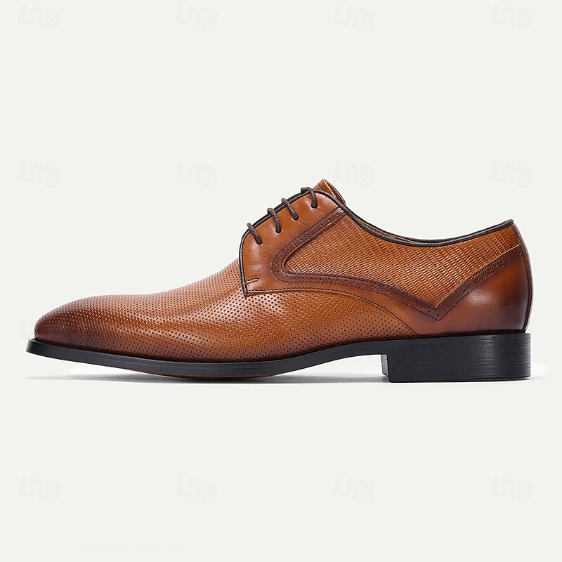 Men's Brown Perforated Leather Oxford Shoes with Lace-Up Design – Premium Cowhide for Formal and Business Occasions3