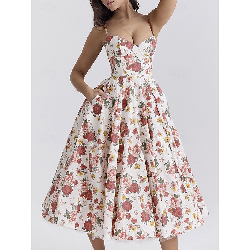 Retro Vintage 1950s Midi Dress Flare Dress Spaghetti Strap Corset Floral A-Line Fancy Dress Women's Masquerade Wedding Vacation Tea Party Adults' Dress4
