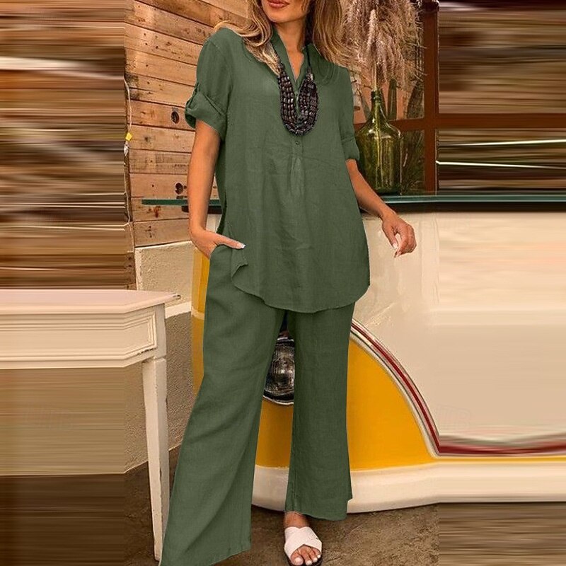 Women's Fashion Streetwear Shirt Linen-Inspired Sets Two Piece Sets Linen Pants Pants Trousers Short Sleeve V Neck Solid Color Daily Wear Date Green Khaki Light Blue Spring Regular Fit4