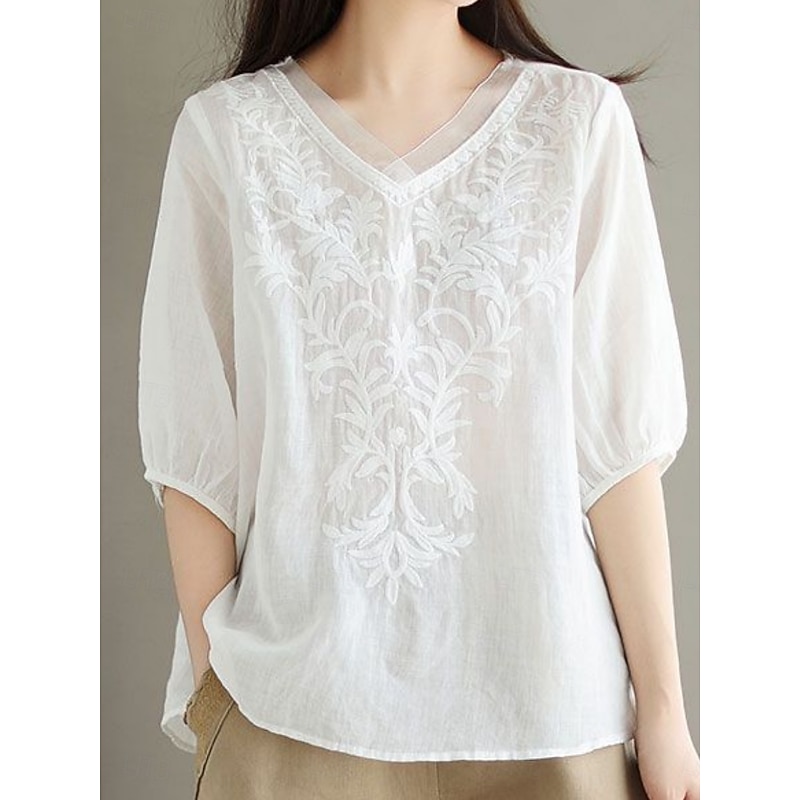 Women's Shirt Blouse Cotton Linen Shirts Solid Color Basic Casual 3/4 Length Sleeve V Neck Regular Tops Daily Embroidered White Yellow Pink Purple Summer Spring