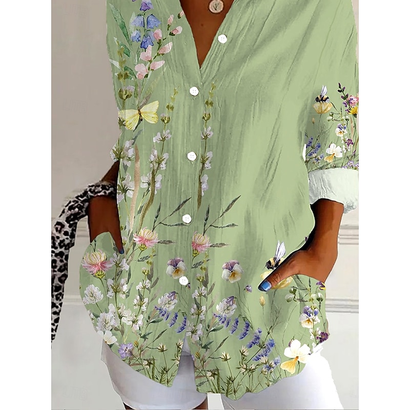 Women's Shirt Button Down Tunic Shirt Collar Long Sleeve Ombre Floral Graphic Stylish Casual Regular Tops Daily Going out s Light Green Spring3