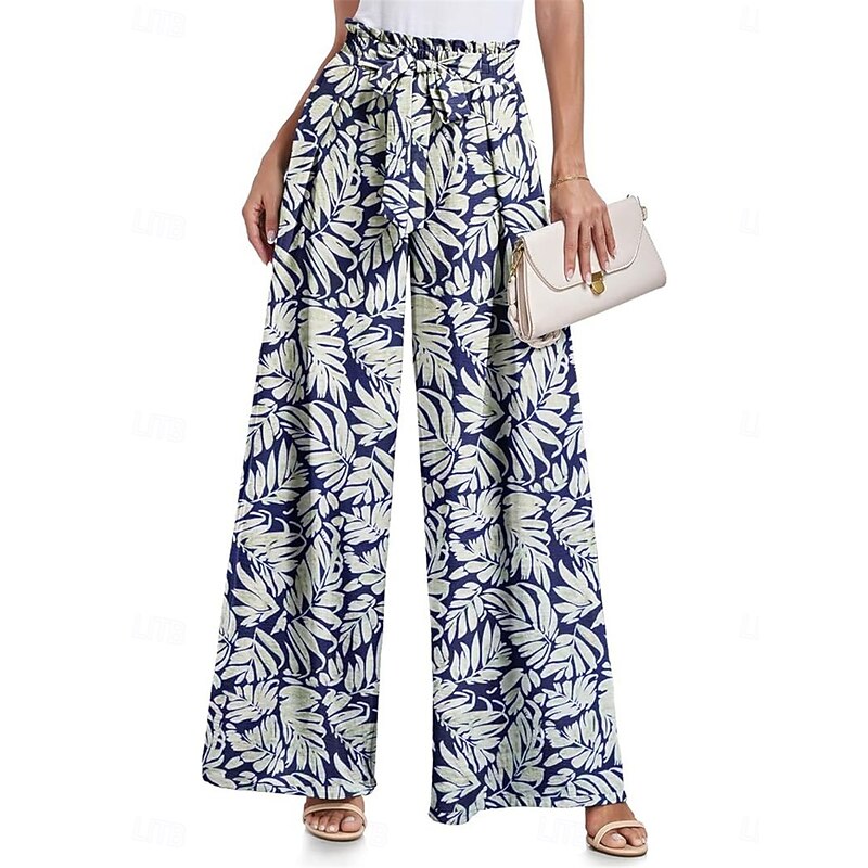 Women's Wide Leg Chinos Fashion Streetwear Full Length High Waist Floral Leaf Pocket Elastic Waistband Printing Comfy Soft Comfortable Micro-elastic Outdoor Street Navy-blue Light Green Wine Blue4
