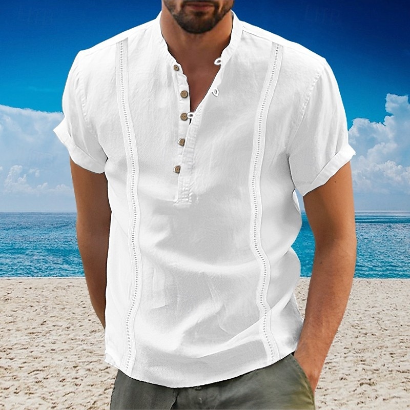 Men's Shirt Popover Shirt Summer Shirt Casual Shirt Beach Shirt Button Up Shirt White Navy Blue Blue Green Short Sleeve Boho Paisley Damask Band Collar Henley Vacation Hawaiian Buckle Clothing Apparel2