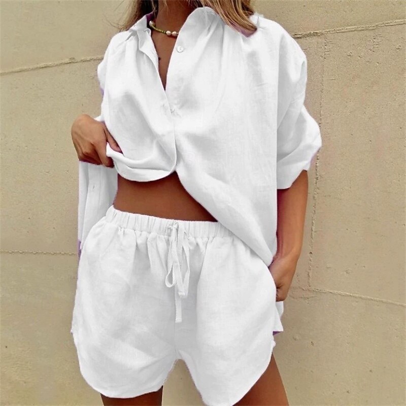 Women's Vacation Hawaiian Shirt Linen-Inspired Sets Two Piece Sets Beach Shorts Baggy Shorts Short Sleeve Shirt Collar Solid Color Drawstring Daily Wear Date White Purple Beige Summer Regular Fit2