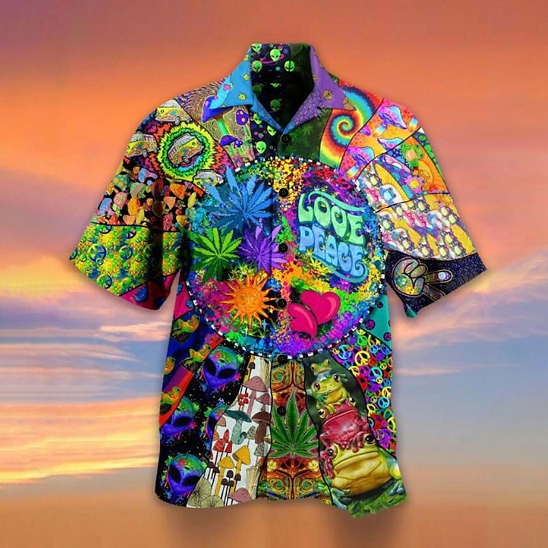 Men's Colorful Mushroom Tropical Plants Shirt Summer Hawaiian Shirt Camp Collar Shirt Short Sleeve Shirt Turndown Designer Beach Holiday Light Green Blue Purple 3D Print S M L
