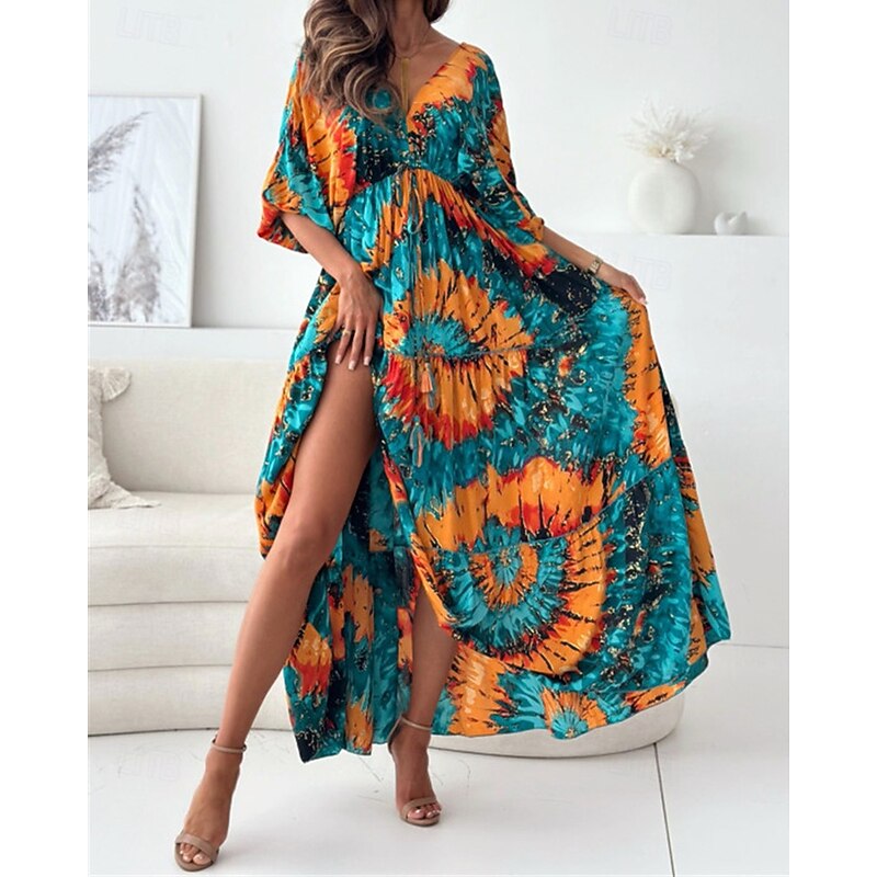 Women's Long Dress Maxi Dress Casual Dress Summer Dress Print Dress Fashion Outdoor Holiday Date Regular Fit Floral Long Sleeve Deep V Blue Purple Green Summer Spring2