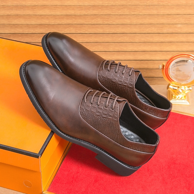 Men's Dark Brown Oxford Shoes - Faux Leather with Crocodile Texture Embossing and Perforation Detailing, Elegant Formal Footwear for Men, Ideal for Weddings, Business & Special Occasions4