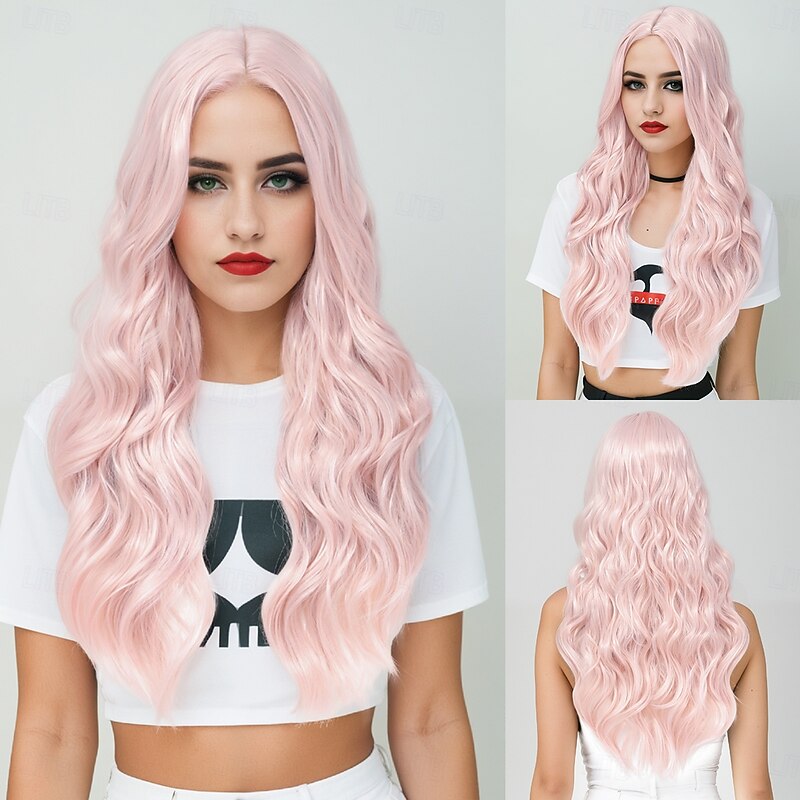 Synthetic Wig Wavy Curly Weave Layered Haircut With Bangs Machine Made Wig Pink 28 inch A1 Synthetic Hair Women's Classic Comfortable Color Gradient Pink