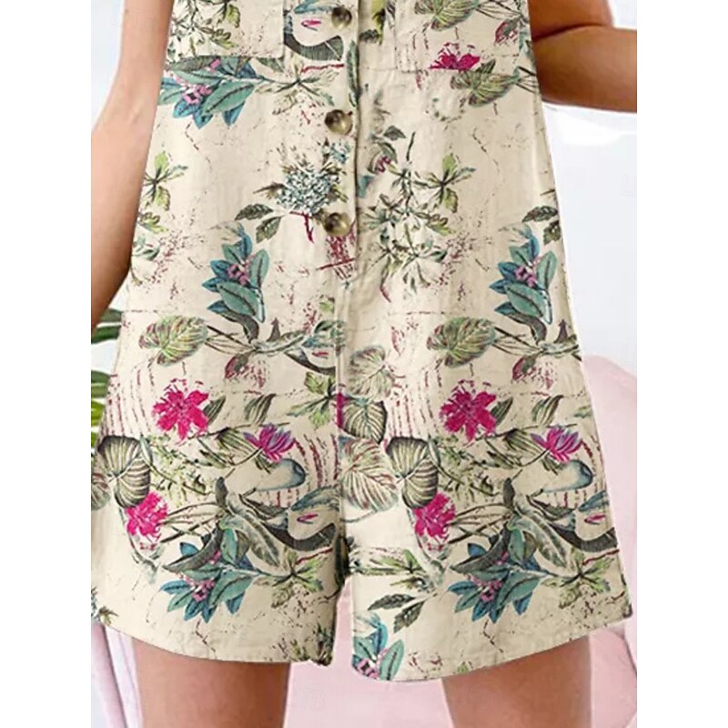 Women's Normal Romper Active Floral Sleeveless V Neck Buttons High Waist Vacation Daily Regular Fit Yellow Red Navy Blue Summer3