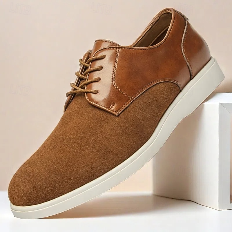 Men's Brown Lace-Up Casual Shoes with Suede and Patent Leather Upper, Comfortable Footwear for Daily Wea