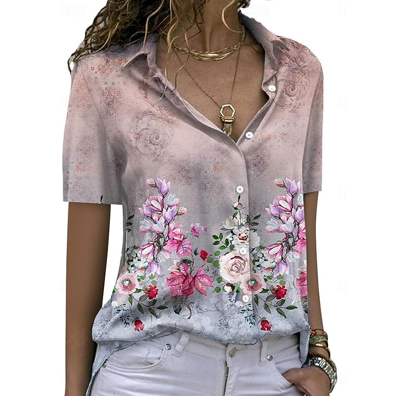 Women's Shirt Blouse Graphic Stylish Casual Short Sleeve Shirt Collar Regular Tops Work Daily Holiday Buttons Print Pink Blue Green Summer Spring4