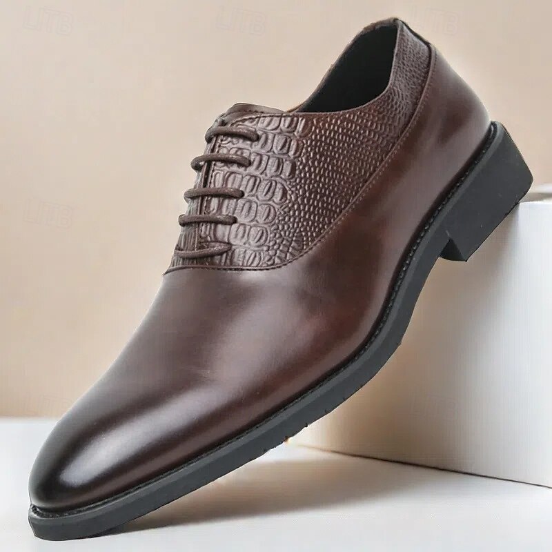 Men's Dark Brown Oxford Shoes - Faux Leather with Crocodile Texture Embossing and Perforation Detailing, Elegant Formal Footwear for Men, Ideal for Weddings, Business & Special Occasions