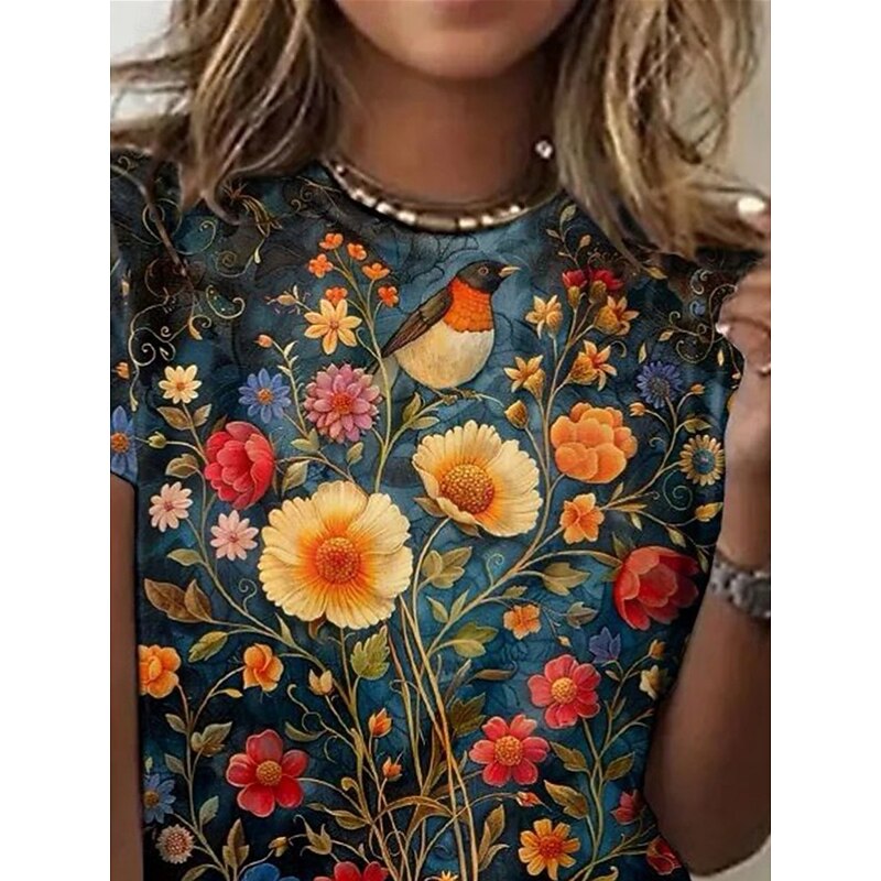 Women's T Shirt Floral Casual Short Sleeve Round Neck Regular Tops Daily Print Blue Green Summer2