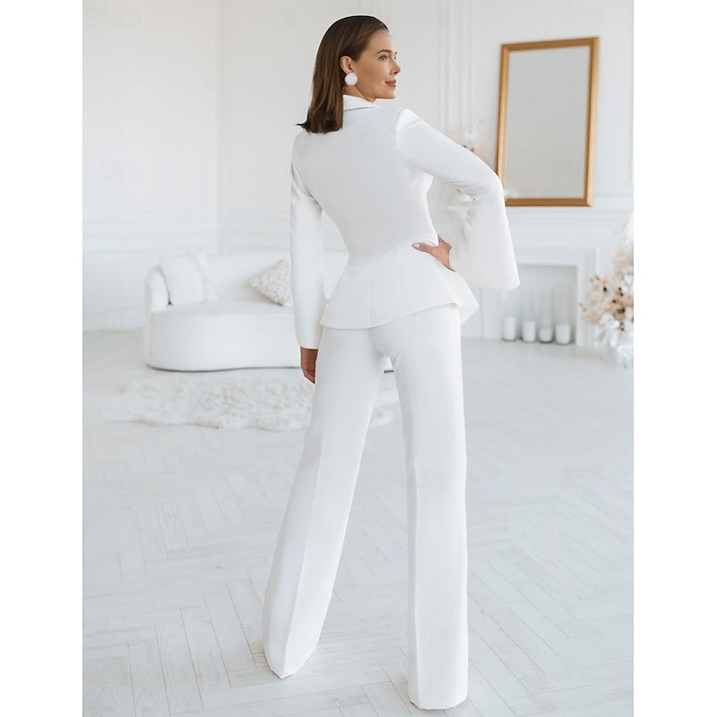 Women's 3 Pieces Suits Formal Wedding Guest Stretch Crepe Elegant Ruffle Sleeve Floor Length Shawl Lapel Single Breasted3