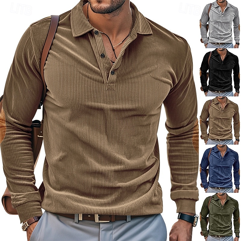 Men's Corduroy Shirt Polo Shirts Casual Sports Lapel Long Sleeve Fashion Basic Color Block Patchwork Buttons Spring Fall & Winter Regular Fit Black Blue Brown Army Green Gray Corduroy Shirt