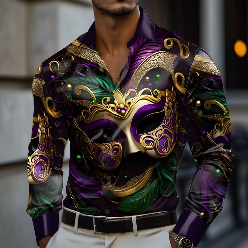 Mardi Gras Men's Mask Carnival Satin Shirt Dress Shirt Button Up Shirt Long Sleeve Fashion Casual Holiday Summer Spring Turndown Collared Shirts 3D Print Light Purple Purple Dark Purple4