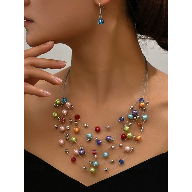 Women's Multicolor Beaded Layered Necklace & Earrings Set – Elegant Statement Jewelry for Weddings, Parties, and Evening Wear