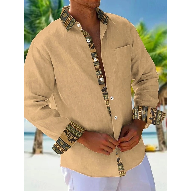 Men's Shirt Summer Shirt Casual Shirt Beach Shirt Button Up Shirt Orange khaki Beige Gray Long Sleeve Plain Pattern Lapel Vacation Hawaiian Button-Down Clothing Apparel Polyester Fashion Casual
