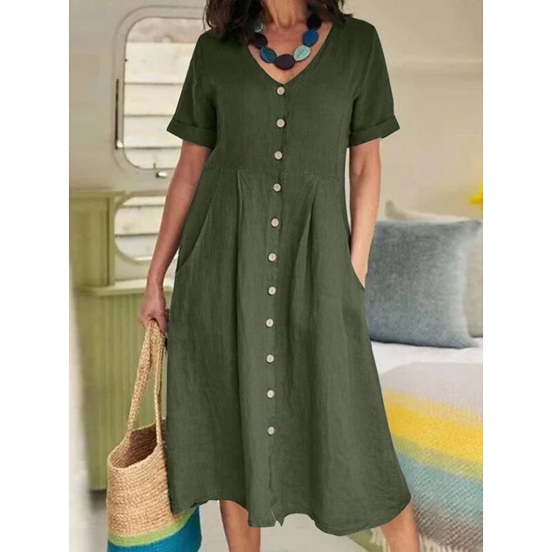 Women's Midi Dress Cotton Linen Dresses Casual Dress Basic Casual Vacation Daily Regular Fit Plain Long Sleeve V Neck Sky Blue Purple Green Summer