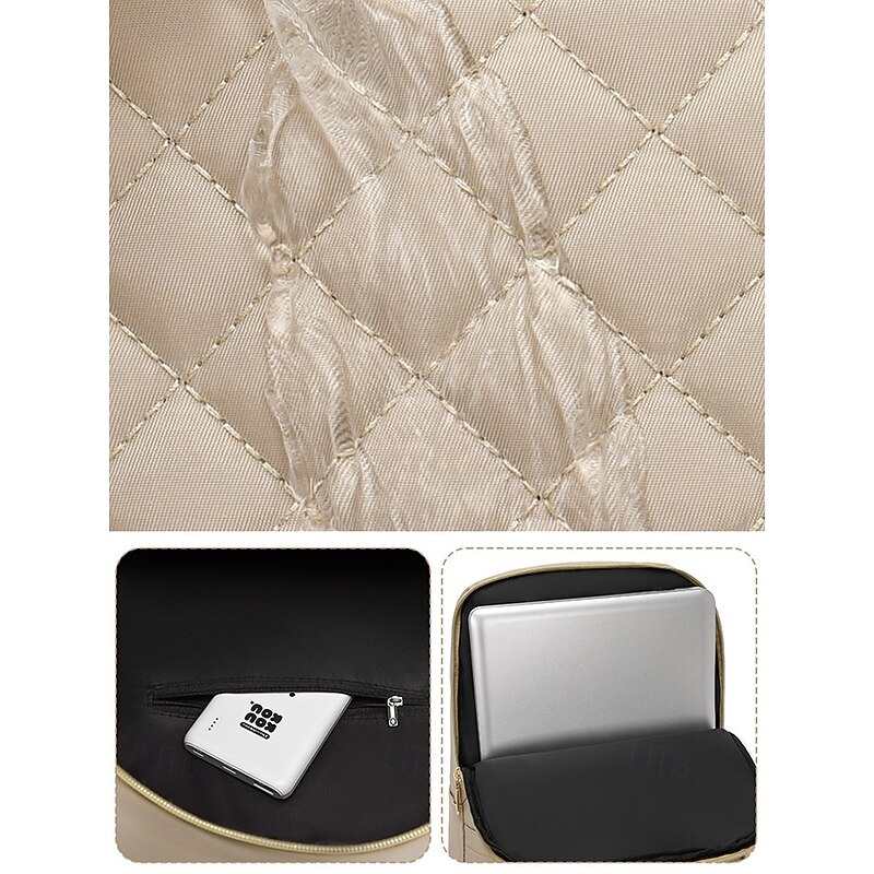 Women's Beige Quilted Backpack with Double Zippers, Gold Trim, Adjustable Straps - Stylish and practical women's backpack, perfect for work, school or casual outings Black Pink Brown4