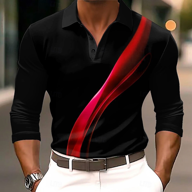 Men's Geometric Line Golf Shirt Long Sleeve Polo Shirts Collared Shirts Casual Business Casual Street Athleisure Outdoor clothing Holiday Buttons 3D Print Spring Fall Winter White Red Blue3