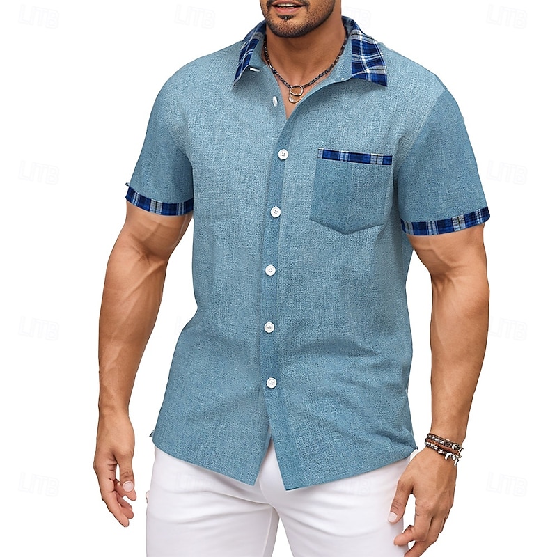 Men's Geometric Plaid Grid Pattern Linen Shirt Summer Shirt Button Up Shirt Short Sleeve Fashion Casual Vacation Holiday Beach Wear Summer Spring Turndown Collared Shirts Front One Pocket Blue2