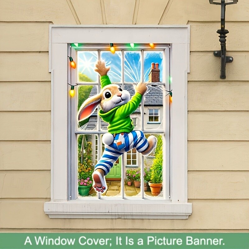 Rabbit Window Cover Decorations, Fabric Curtain Poster Window Door Covering Decor for House, Window Clings Decals Indoor Outdoor3