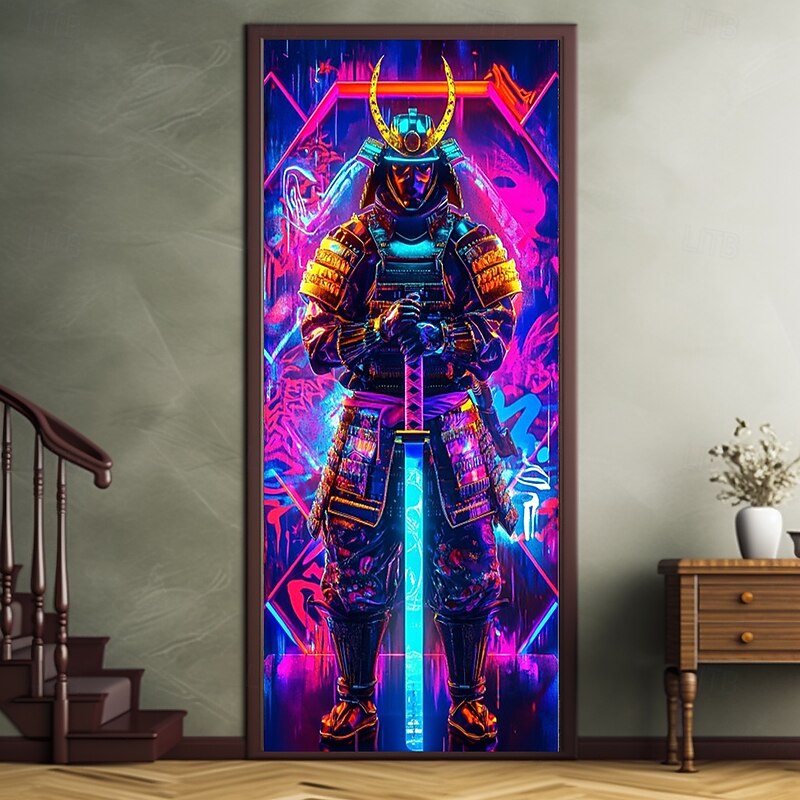 Neon Samurai Door Decorations Door Covers Door Tapestry Door Curtain Decoration Backdrop Indoor/Outdoor Door Banner for Front Door Farmhouse3