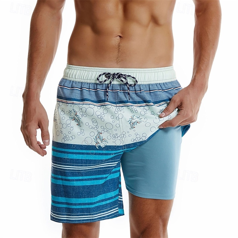 Men's Board Shorts Swim Shorts Swim Trunks Drawstring Elastic Waist With Compression Liner Striped Comfort Quick Dry Short Holiday Beach Weekend Fashion Casual Blue Micro-elastic2