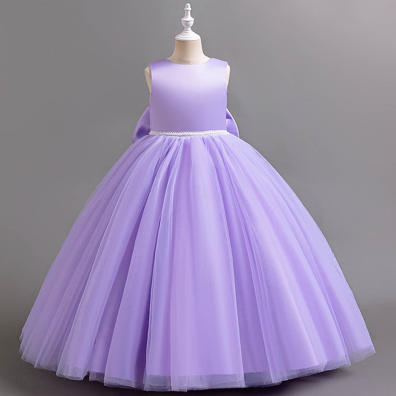 Kids Girls' Party Dress Solid Color Sleeveless Special Occasion Christmas Party Tie Knot Daily Sweet Polyester Maxi Party Dress Summer Spring Fall 3-10 Years Champagne Pink Purple2
