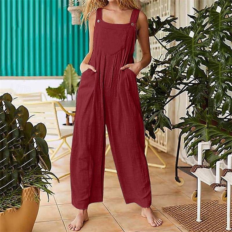 Women's Normal Jumpsuit Streetwear Solid Color Sleeveless Sleeveless Square Neck Buttons Pocket Street Daily Regular Fit Red Khaki Gray Summer4