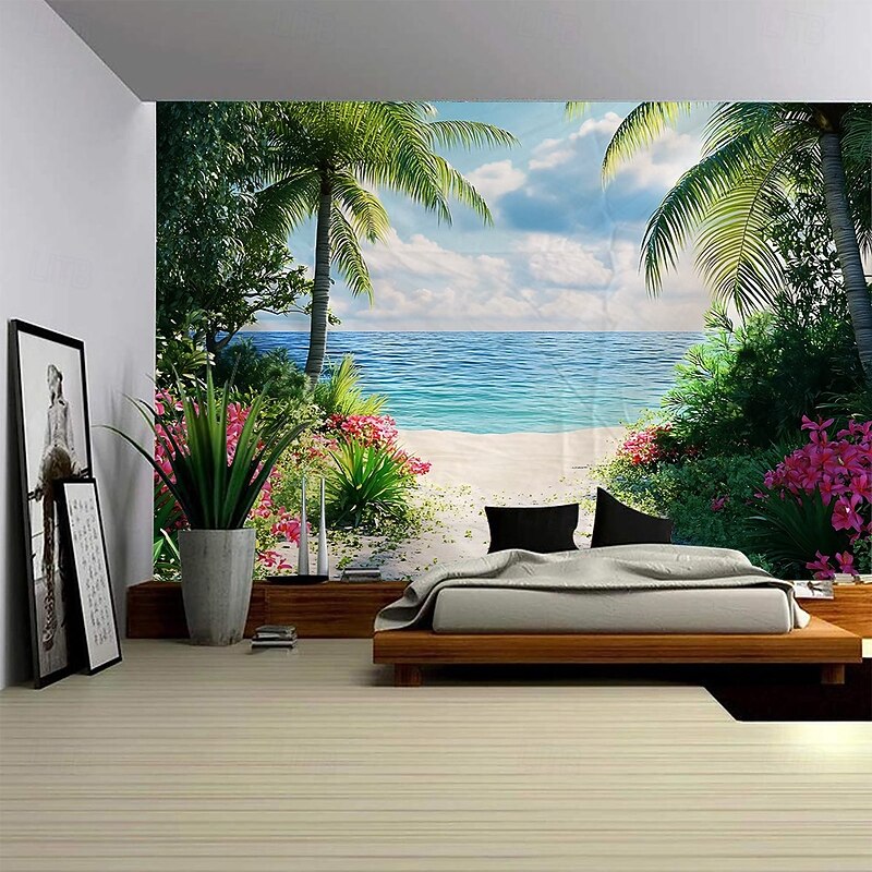 A Seaside Plant Landscape Hanging Tapestry Mural Art Large Tapestry Mural Decoration Photo Background Carpet Curtain Home Bedroom Living Room Decoration3