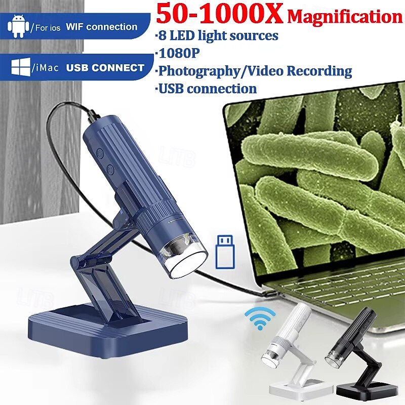 1000X Digital Microscope Camera 2in1 USB WIFI Portable Electronic Microscope 8 LED Magnifier for Skin Testing Cell Phone Repair