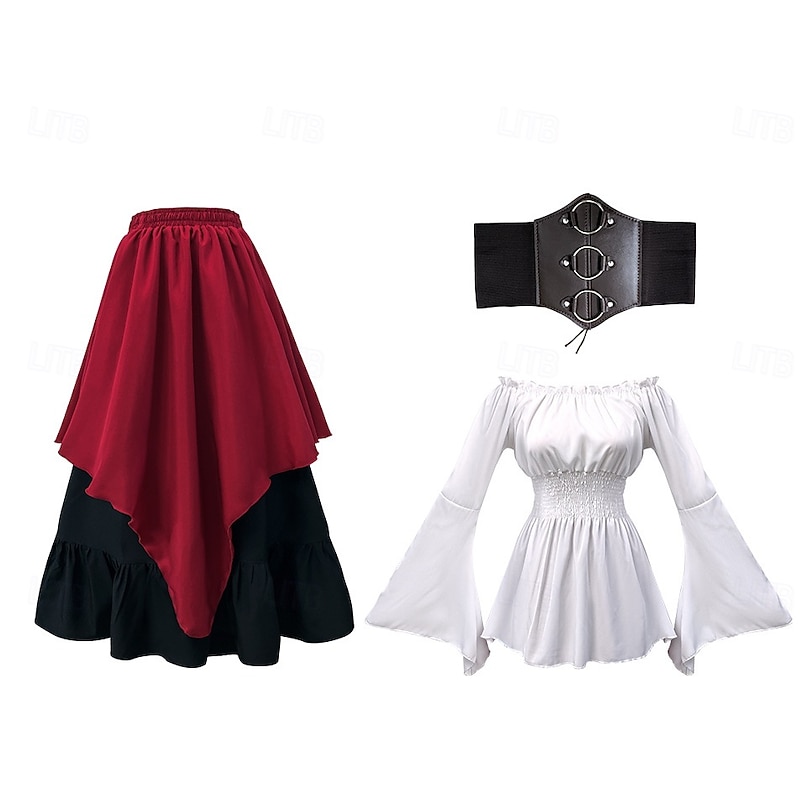 Retro Vintage Medieval Skirt Shirt Bell Sleeve Puff Sleeve Viking Elven Fancy Dress Women's Celtic Pirate Fantasy Halloween Carnival Masquerade Casual Daily LARP Adults' Shirt Skirt Belt All Seasons2