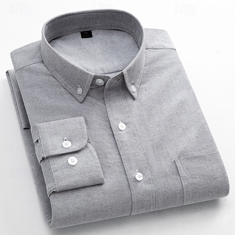 Men's Striped Long-Sleeve Dress Shirts Button Down Breathable Casual Vintage Loose Cotton Shirts Stylish Solid Oxford Business Shirt for Men4